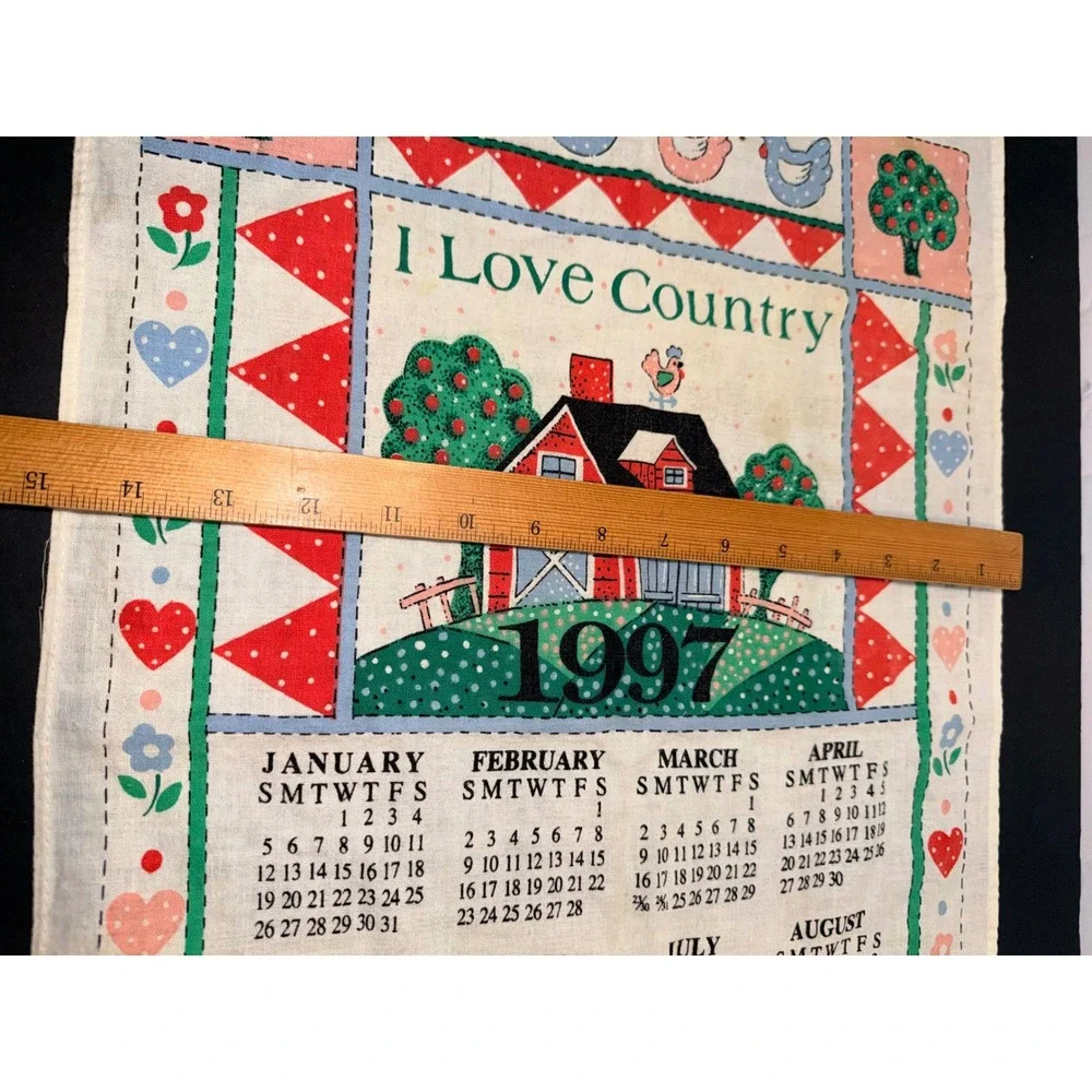 Vintage 1997 I Love Country Calendar Tea Towel Red Barn Farmhouse Decor 15.5in